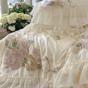Floral Embroidered Quilt Cover Set –Cream White Tencel Cotton, Girly Lace Design image 7