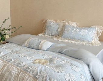 Juego de 4 piezas French Romantic Tencel (solo funda nórdica) – Ropa de cama de lujo con encaje de seda y cristal floral 3D