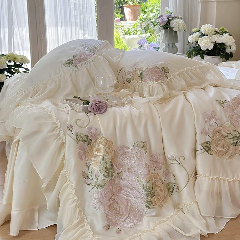 Floral Embroidered Quilt Cover Set –Cream White Tencel Cotton, Girly Lace Design image 2