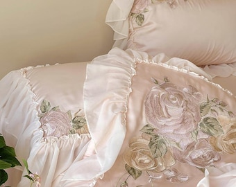 Floral Embroidered Quilt Cover – Pink Tencel Cotton with Lace