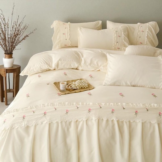 Handmade Embroidered Princess Bedding Set: Soft Washed Cotton Quilt Cover