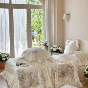 Floral Embroidered Quilt Cover Set –Cream White Tencel Cotton, Girly Lace Design image 6