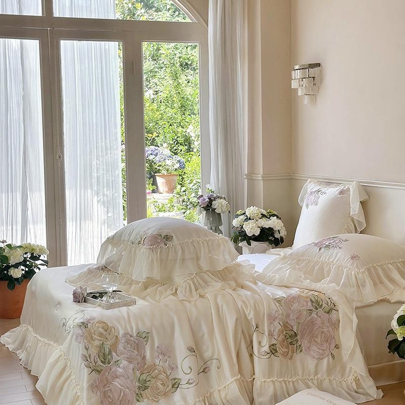Floral Embroidered Quilt Cover Set –Cream White Tencel Cotton, Girly Lace Design image 6
