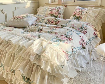 Vintage Fairy Floral Cotton Bedding Set: Ruffled Lace Princess Style
