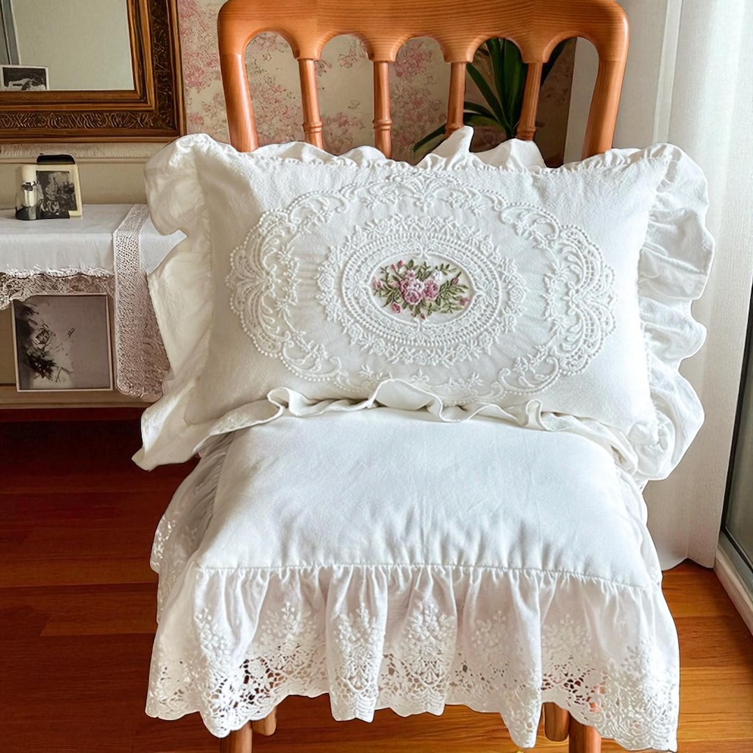 Cream White French Lace Pillow Cover Set: Retro Ruffle Embroidered Cotton
