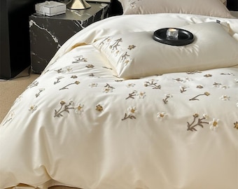 Floral Embroidered Satin Cotton Bedding Set: Luxury Quilt Cover Only 4 pieces set