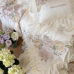 Floral Embroidered Quilt Cover Set –Cream White Tencel Cotton, Girly Lace Design image 10