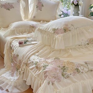 Floral Embroidered Quilt Cover Set –Cream White Tencel Cotton, Girly Lace Design image 5