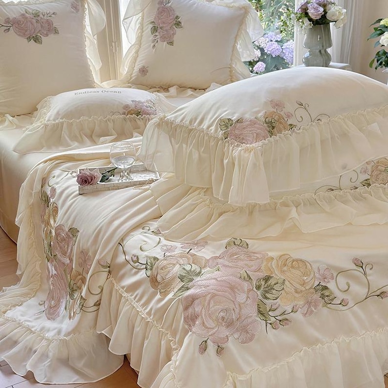 Floral Embroidered Quilt Cover Set –Cream White Tencel Cotton, Girly Lace Design image 5