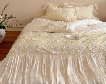 Juego de 4 piezas French Romantic Tencel (solo funda nórdica) – Ropa de cama de lujo con encaje de seda y cristal floral 3D