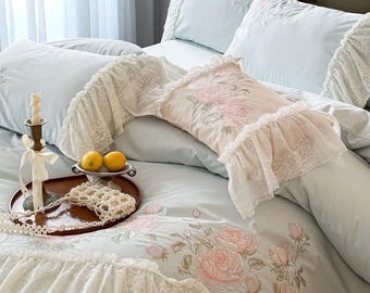 Handmade French Princess Bedding Set: Embroidered Cotton Quilt Cover with Lace