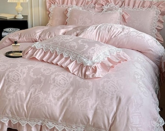 Vintage French Lace Satin Bedding Set: 4-Piece Quilt Cover & Sheet