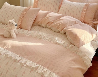 Girly Heart Cotton Bedding Set: Princess Floral Lace, Double/Queen
