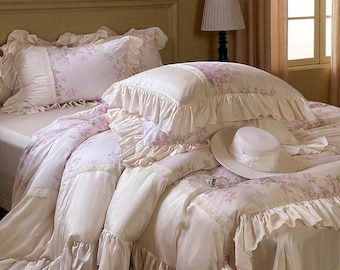 Juego de cama vintage de tencel con volantes florales: funda nórdica sedosa, tamaño matrimonial/king