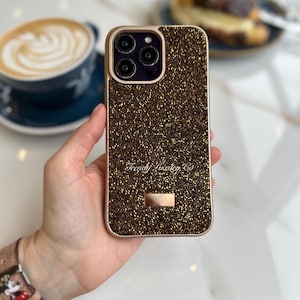 Aangepast zilverachtig sprankelend Swrovski iPhone-hoesje met logo - stijlvolle glanzende hoes, trendy cadeau voor meisjes en vrouwen