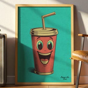 Vaso de refresco feliz, póster de arte pop retro, impresión de bebida de dibujos animados sonrientes, arte mural de estilo cómic vintage, arte de dibujos animados felices, póster mate premium