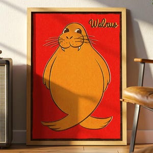 Retro Walrus Poster, Cute Vintage Animal Art Print, Pop Art Style Wall Decor, Retro Animal Print, Cartoon Wall Art, Premium Matte Poster