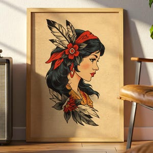 Póster vintage de tatuaje de gitana, arte tradicional americano con plumas, flores y pañuelo, mate premium.