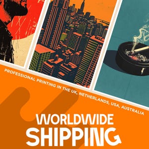 May include: A collection of art prints featuring stylized illustrations. One print depicts a person in sunglasses, another showcases a cityscape with the Empire State Building. The image includes text: "Professional printing in the UK, Netherlands, USA, Australia."