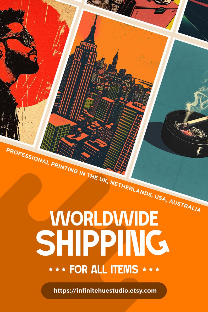 May include: A collection of art prints featuring stylized illustrations. One print depicts a person in sunglasses, another showcases a cityscape with the Empire State Building. The image includes text: "Professional printing in the UK, Netherlands, USA, Australia."