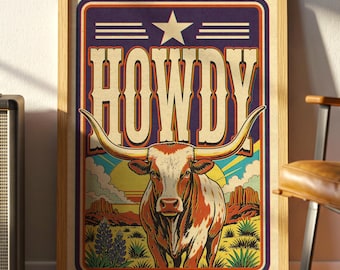 Howdy Texas Longhorn Print | Retro Western Desert Southwestern Art