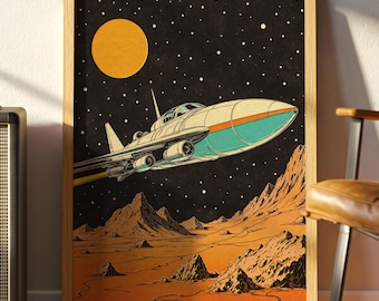 Puede incluir: Una impresión enmarcada de estilo vintage representa una nave espacial sobrevolando un paisaje marciano. La nave espacial es blanca, turquesa y naranja contra un cielo negro estrellado con un gran sol amarillo. El terreno es de color naranja rojizo.