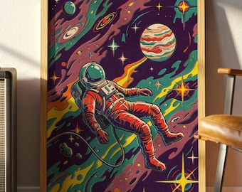 Retro Astronaut Art, Psychedelic Space Poster, Cosmic Planet Print, Vintage Sci-Fi Decor