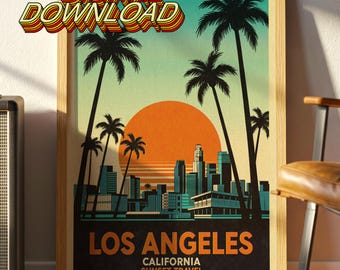 Descarga digital vintage del atardecer de Los Ángeles – Póster de viaje retro de California