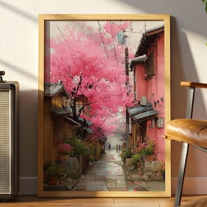Cherry Blossom, Street in Kyoto, Japanese, Spring Wall Art, Watercolor-Style, Poster, Premium Matte Paper