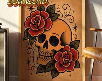 American Traditional Skull Roses Print | Vintage Tattoo Flash Wall Art Digital Download