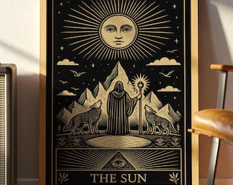 Vintage Sun Tarot Poster: Mystical Wolves Occult Art Print