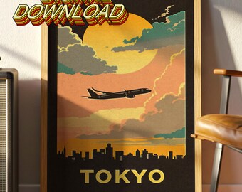 Tokyo Travel Print – Vintage Airline Wall Art of Japan Skyline at Sunset (Digital Download)