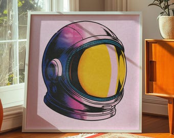 Retro Astronaut Helmet Pop Art Print, Colorful Space Wall Decor