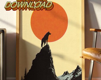 Wolf Silhouette Digital Download, Vintage Sunset Mountain Landscape, Retro Wilderness Decor