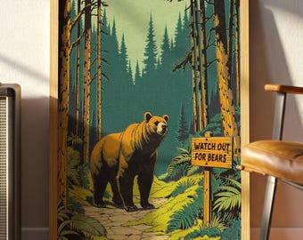 Vintage Bear Forest Print: Retro Wilderness Wall Art