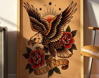 Eagle Rose Liberty Tattoo Art Print, Vintage American Traditional Poster