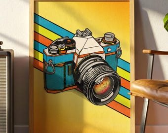 May include: A vintage-style illustration of a camera with a blue and white body and a large lens. The camera is set against a background of yellow, orange, and blue stripes.