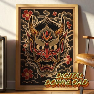 Oni Mask Tattoo Flash Digital Download, Japanese Demon Wall Art, Traditional Irezumi Print, Vintage Tattoo Style, Printable Digital Download
