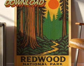 Redwood National Park Vintage Digital Download: Retro Forest Art Print, Mid-Century National Parks Decor