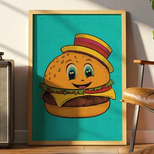 Retro Cheeseburger Pop Art Poster: Comic Style Kitchen Decor