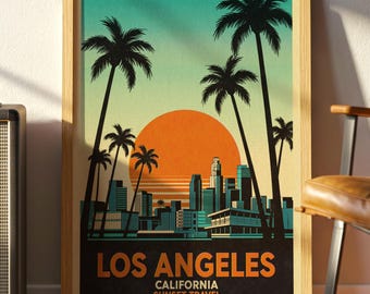 Impresión vintage del atardecer de Los Ángeles – Póster retro de viaje a California