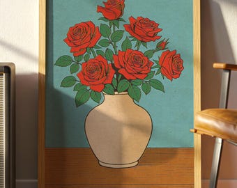 Vintage Pop Art Roses Print: Mid-Century Modern Floral Wall Decor