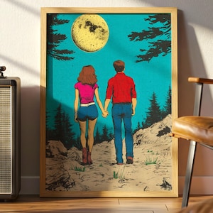 Vintage, Retro, Romántico, Luna Llena, Arte de Senderismo, Estilo Años 70, Aventura, Póster, Papel Mate Premium