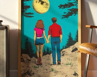 May include: A couple walks hand-in-hand through a forest at night, with a large, yellow moon in the sky. The woman is wearing a pink shirt and blue shorts, while the man is wearing a red shirt and blue jeans. The scene is rendered in a retro comic book style.