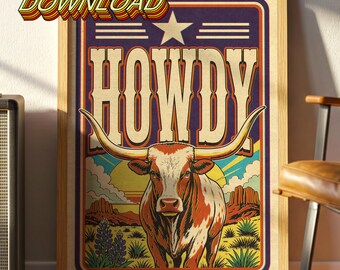Howdy Texas Longhorn Print | Retro Western Desert Southwestern Art (Digital Download)