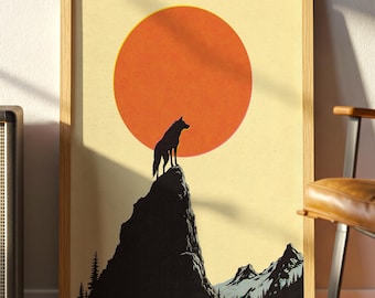 Wolf Silhouette Print, Vintage Sunset Mountain Landscape, Retro Wilderness Decor Poster