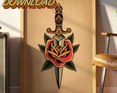 Dagger and Rose Tattoo Art Print, Vintage Style (Digital Download)