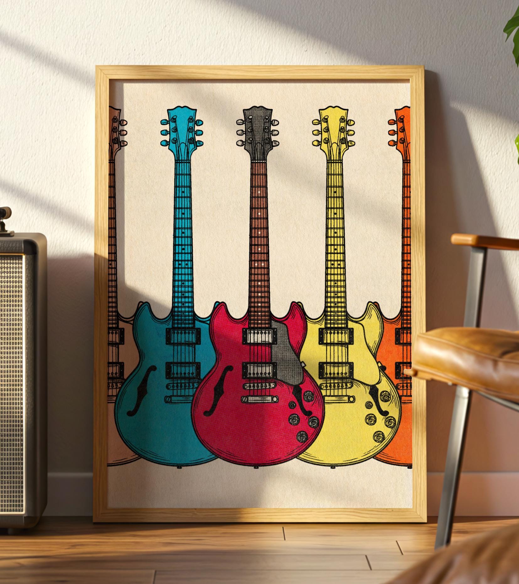 レトロなギターポップアートプリント：ミッドセンチュリーの音楽室の