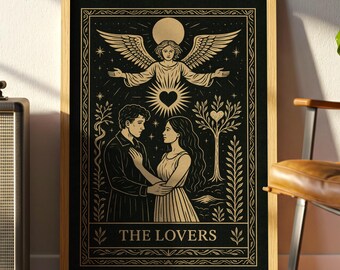 The Lovers Tarot Card Art Print – Vintage Gothic Wall Decor, Celestial Angel Lovers Poster