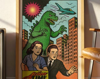 Vintage Comic Monster Attack Poster, Retro Pop Art Print